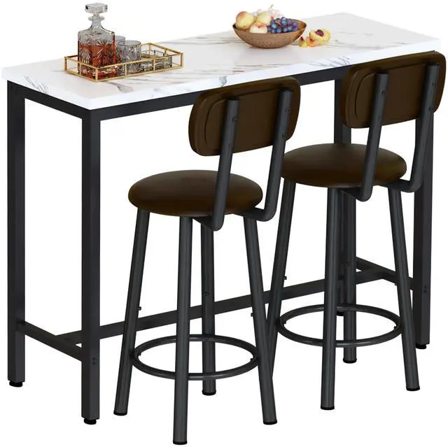 Main image of 3 Piece Bar Table Set of 2,39.3" Pub Bar Table and Chairs Set,Faux Marble Bar Height Table with 2 Backrest Stools,Small Dining Table for 2,Kitchen Table Set for Small Space,White & Brown