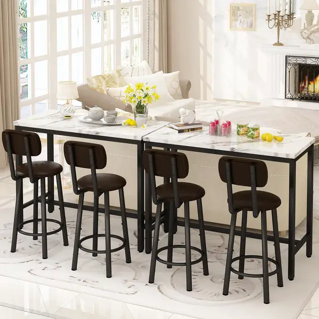 Alt view image 2 of 6 - 3 Piece Bar Table Set of 2,39.3" Pub Bar Table and Chairs Set,Faux Marble Bar Height Table with 2 Backrest Stools,Small Dining Table for 2,Kitchen Table Set for Small Space,White & Brown
