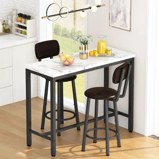 Alt view image 3 of 6 - 3 Piece Bar Table Set of 2,39.3" Pub Bar Table and Chairs Set,Faux Marble Bar Height Table with 2 Backrest Stools,Small Dining Table for 2,Kitchen Table Set for Small Space,White & Brown