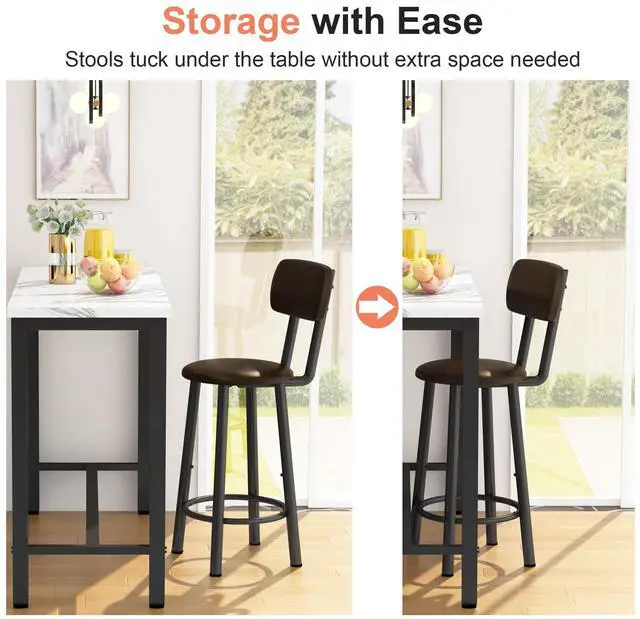Alt view image 4 of 6 - 3 Piece Bar Table Set of 2,39.3" Pub Bar Table and Chairs Set,Faux Marble Bar Height Table with 2 Backrest Stools,Small Dining Table for 2,Kitchen Table Set for Small Space,White & Brown