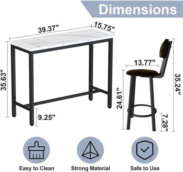 Alt view image 5 of 6 - 3 Piece Bar Table Set of 2,39.3" Pub Bar Table and Chairs Set,Faux Marble Bar Height Table with 2 Backrest Stools,Small Dining Table for 2,Kitchen Table Set for Small Space,White & Brown