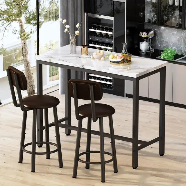 Alt view image 6 of 6 - 3 Piece Bar Table Set of 2,39.3" Pub Bar Table and Chairs Set,Faux Marble Bar Height Table with 2 Backrest Stools,Small Dining Table for 2,Kitchen Table Set for Small Space,White & Brown