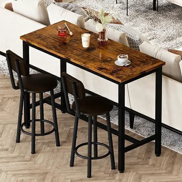 Alt view image 2 of 6 - Bar Table Set of 2, Industrial Bar Table and Chairs Set of 2,3 Piece Bar Height Table with 2 Backrests Stools,Small Kitchen Table for 2,Small Space,Brown & Black