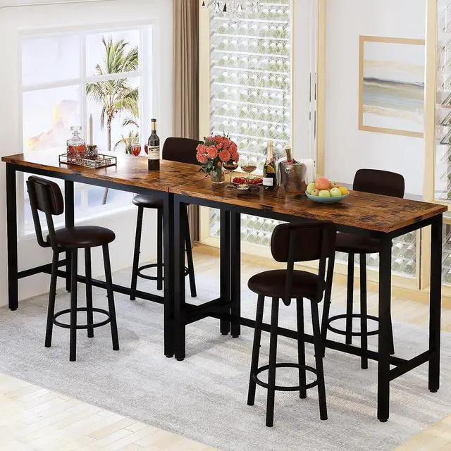 Alt view image 3 of 6 - Bar Table Set of 2, Industrial Bar Table and Chairs Set of 2,3 Piece Bar Height Table with 2 Backrests Stools,Small Kitchen Table for 2,Small Space,Brown & Black