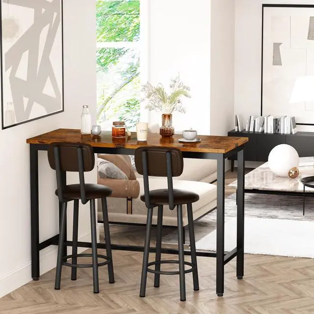 Alt view image 4 of 6 - Bar Table Set of 2, Industrial Bar Table and Chairs Set of 2,3 Piece Bar Height Table with 2 Backrests Stools,Small Kitchen Table for 2,Small Space,Brown & Black