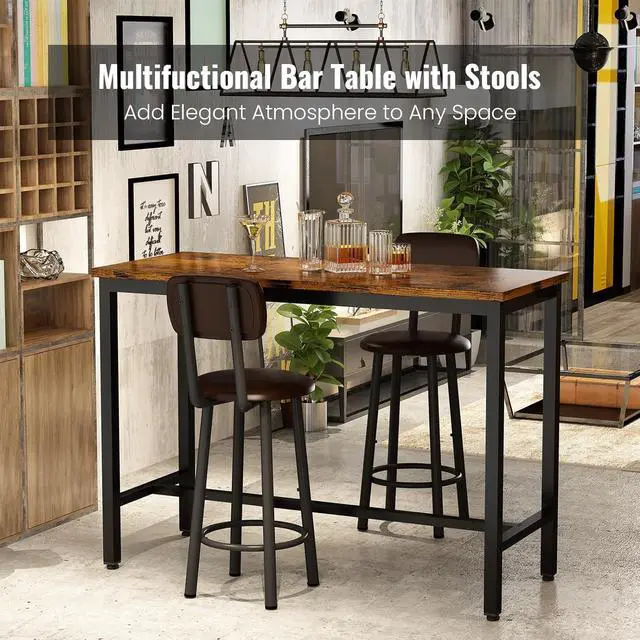 Alt view image 5 of 6 - Bar Table Set of 2, Industrial Bar Table and Chairs Set of 2,3 Piece Bar Height Table with 2 Backrests Stools,Small Kitchen Table for 2,Small Space,Brown & Black