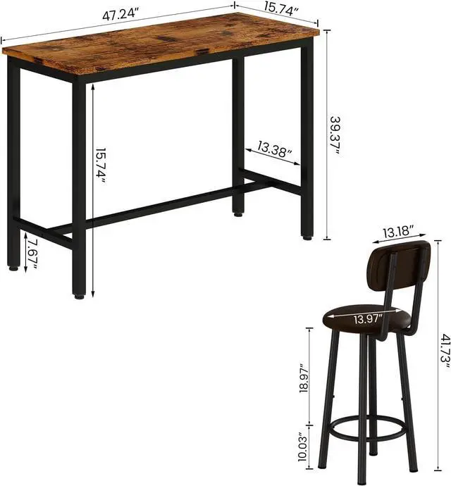 Alt view image 6 of 6 - Bar Table Set of 2, Industrial Bar Table and Chairs Set of 2,3 Piece Bar Height Table with 2 Backrests Stools,Small Kitchen Table for 2,Small Space,Brown & Black