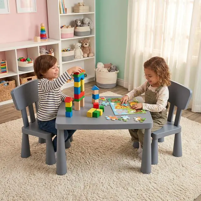 Alt view image 2 of 6 - Kids Table and Chairs, 3 Piece Plastic Easy Clean Children Activity Desk for Reading, Drawing, Snack Time, Arts Crafts, Preschool, Kindergarten & Playroom, Toddler Table and Chair Set (Gray)