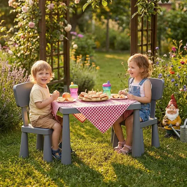 Alt view image 3 of 6 - Kids Table and Chairs, 3 Piece Plastic Easy Clean Children Activity Desk for Reading, Drawing, Snack Time, Arts Crafts, Preschool, Kindergarten & Playroom, Toddler Table and Chair Set (Gray)