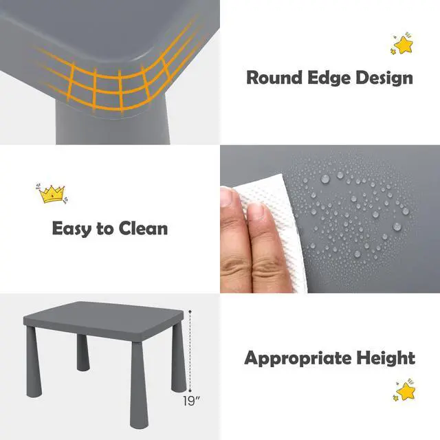 Alt view image 4 of 6 - Kids Table and Chairs, 3 Piece Plastic Easy Clean Children Activity Desk for Reading, Drawing, Snack Time, Arts Crafts, Preschool, Kindergarten & Playroom, Toddler Table and Chair Set (Gray)