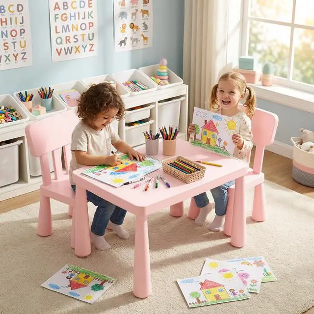 Alt view image 2 of 6 - Kids Table and Chairs, 3 PCS Plastic Easy Clean Children Activity Desk for Reading, Drawing, Snack Time, Arts Crafts, Preschool, Kindergarten & Playroom, Toddler Table and Chair Set (Pink)