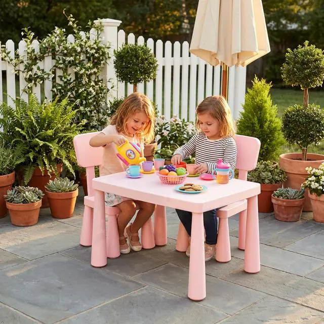 Alt view image 3 of 6 - Kids Table and Chairs, 3 PCS Plastic Easy Clean Children Activity Desk for Reading, Drawing, Snack Time, Arts Crafts, Preschool, Kindergarten & Playroom, Toddler Table and Chair Set (Pink)