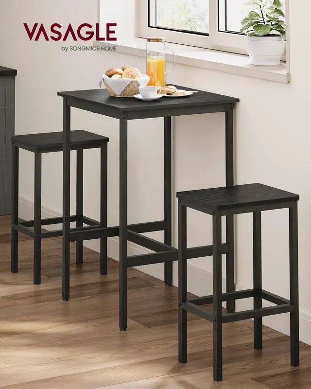 Alt view image 2 of 6 - Bar Table and Chairs Set, Square Table with 2 Stools, Dining Pub Set for 2, Space Saving for Kitchen Breakfast, Living Room, Party Room, Ebony Black and Ink Black
