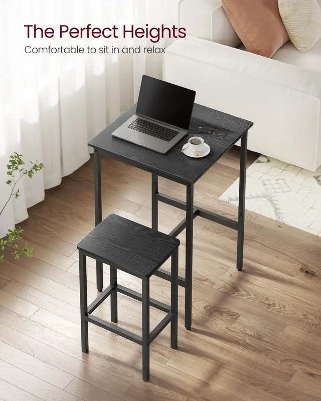 Alt view image 3 of 6 - Bar Table and Chairs Set, Square Table with 2 Stools, Dining Pub Set for 2, Space Saving for Kitchen Breakfast, Living Room, Party Room, Ebony Black and Ink Black