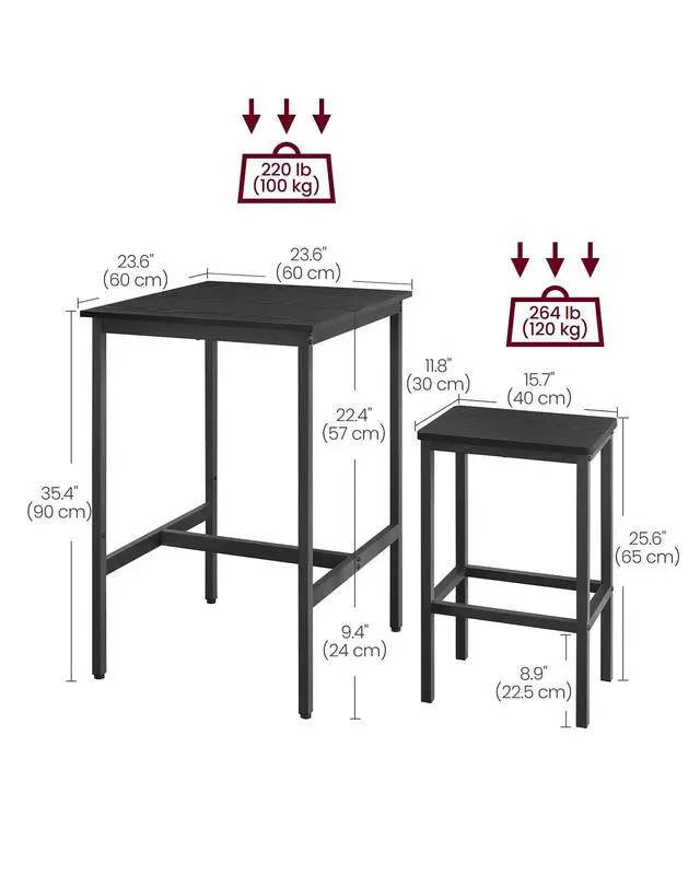 Alt view image 4 of 6 - Bar Table and Chairs Set, Square Table with 2 Stools, Dining Pub Set for 2, Space Saving for Kitchen Breakfast, Living Room, Party Room, Ebony Black and Ink Black