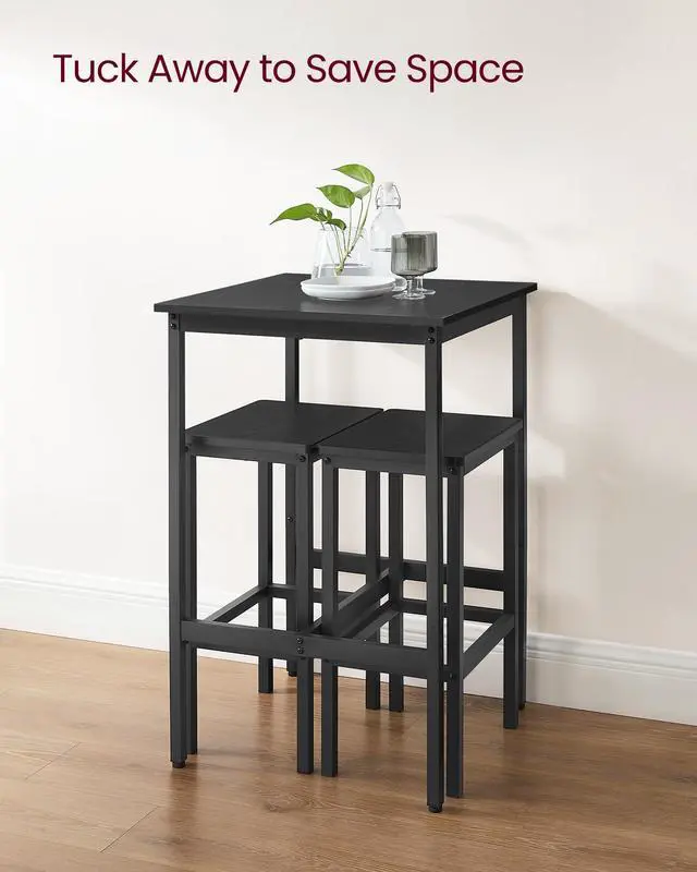 Alt view image 5 of 6 - Bar Table and Chairs Set, Square Table with 2 Stools, Dining Pub Set for 2, Space Saving for Kitchen Breakfast, Living Room, Party Room, Ebony Black and Ink Black