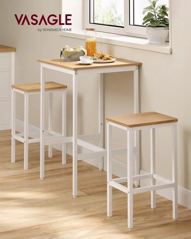 Alt view image 2 of 6 - Bar Table and Chairs Set, Square Table with 2 Stools, Dining Pub Set for 2, Space Saving for Kitchen Breakfast, Living Room, Party Room, Golden Oak and Cloud White