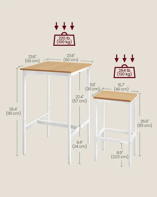 Alt view image 4 of 6 - Bar Table and Chairs Set, Square Table with 2 Stools, Dining Pub Set for 2, Space Saving for Kitchen Breakfast, Living Room, Party Room, Golden Oak and Cloud White