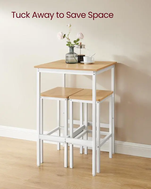 Alt view image 5 of 6 - Bar Table and Chairs Set, Square Table with 2 Stools, Dining Pub Set for 2, Space Saving for Kitchen Breakfast, Living Room, Party Room, Golden Oak and Cloud White