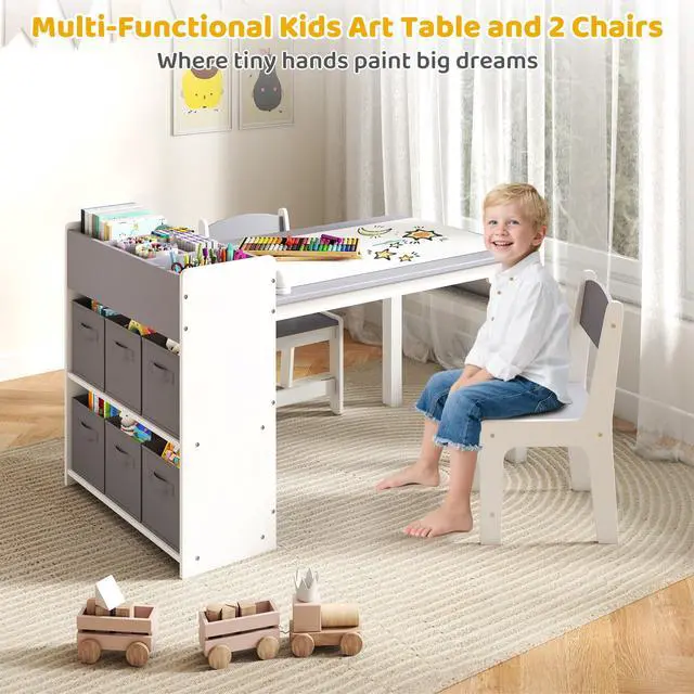 Alt view image 2 of 6 - Kids Art Table and Chair Set, Craft and Play Wood Activity Table with Storage Bins and Paper Roll, Toddler Desk for Playroom/Nursery/Home, Kids Table and Chairs Set for Drawing/Learning/Read