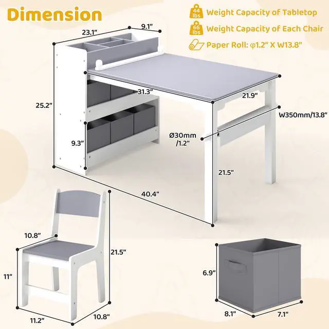 Alt view image 3 of 6 - Kids Art Table and Chair Set, Craft and Play Wood Activity Table with Storage Bins and Paper Roll, Toddler Desk for Playroom/Nursery/Home, Kids Table and Chairs Set for Drawing/Learning/Read