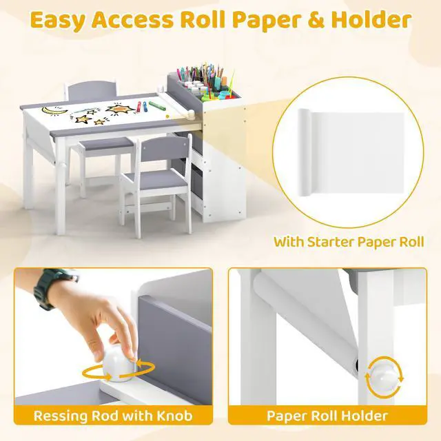 Alt view image 5 of 6 - Kids Art Table and Chair Set, Craft and Play Wood Activity Table with Storage Bins and Paper Roll, Toddler Desk for Playroom/Nursery/Home, Kids Table and Chairs Set for Drawing/Learning/Read