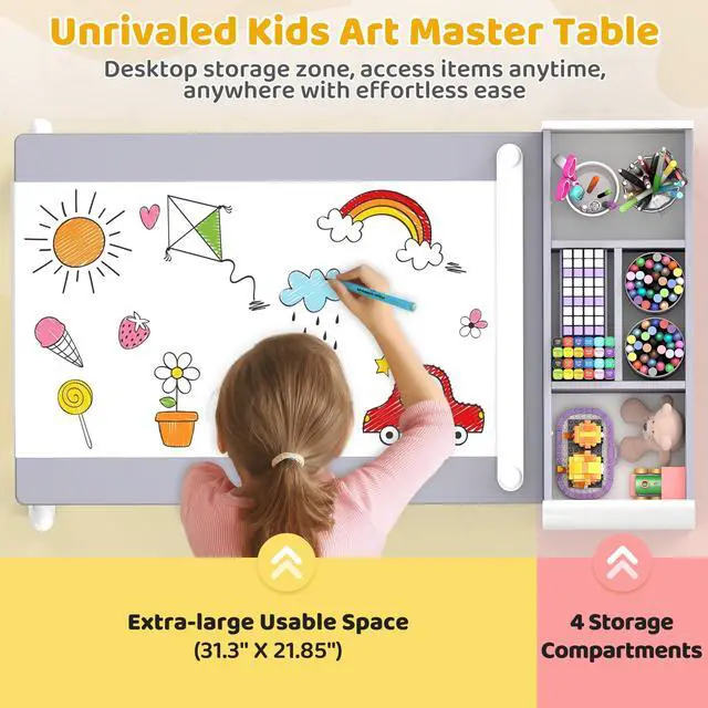 Alt view image 6 of 6 - Kids Art Table and Chair Set, Craft and Play Wood Activity Table with Storage Bins and Paper Roll, Toddler Desk for Playroom/Nursery/Home, Kids Table and Chairs Set for Drawing/Learning/Read