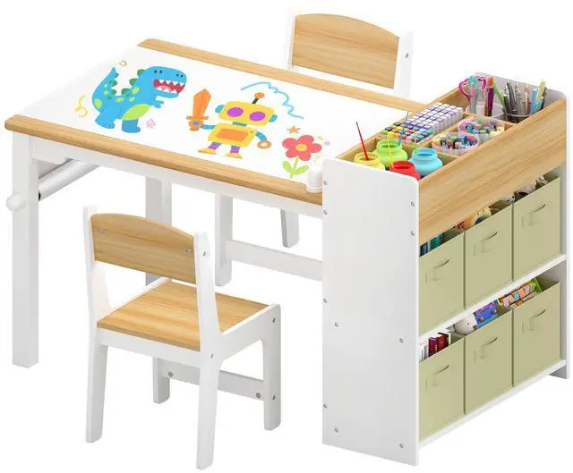 Main image of Kids Art Table and Chair Set, Craft and Play Wood Activity Table with Storage Bins and Paper Roll, Toddler Desk for Playroom/Nursery/Home, Kids Table and Chairs Set for Drawing/Learning/Read