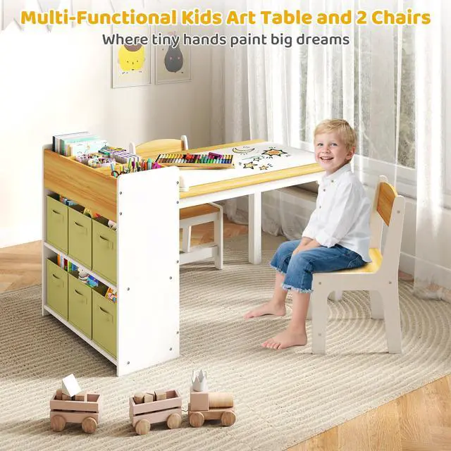 Alt view image 2 of 6 - Kids Art Table and Chair Set, Craft and Play Wood Activity Table with Storage Bins and Paper Roll, Toddler Desk for Playroom/Nursery/Home, Kids Table and Chairs Set for Drawing/Learning/Read