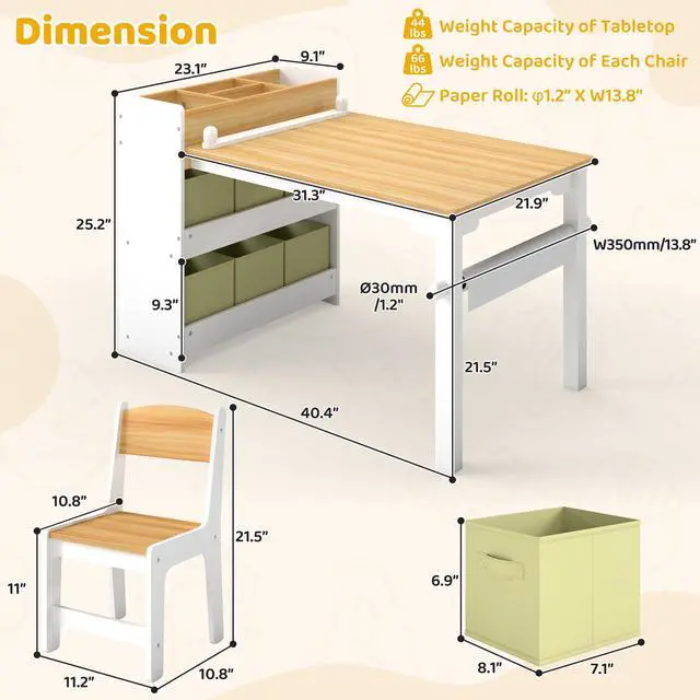 Alt view image 3 of 6 - Kids Art Table and Chair Set, Craft and Play Wood Activity Table with Storage Bins and Paper Roll, Toddler Desk for Playroom/Nursery/Home, Kids Table and Chairs Set for Drawing/Learning/Read