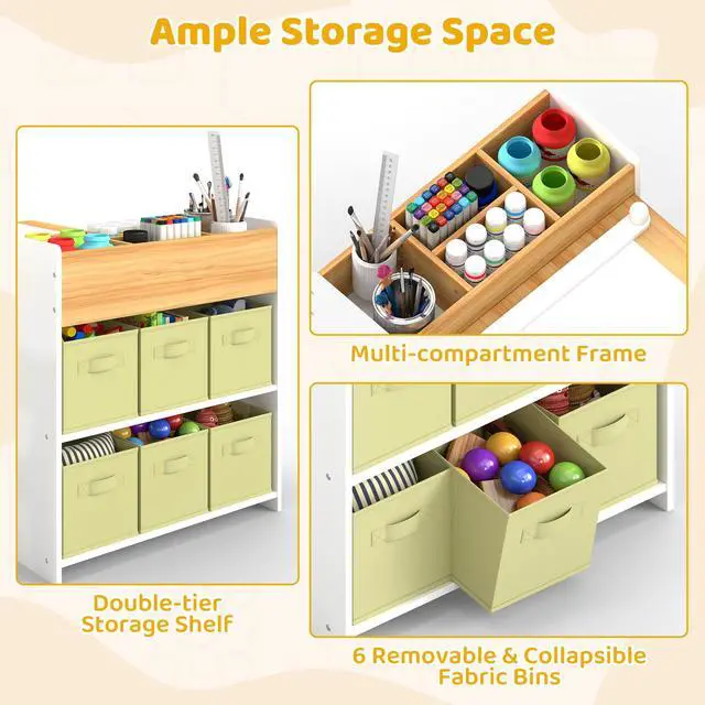 Alt view image 4 of 6 - Kids Art Table and Chair Set, Craft and Play Wood Activity Table with Storage Bins and Paper Roll, Toddler Desk for Playroom/Nursery/Home, Kids Table and Chairs Set for Drawing/Learning/Read