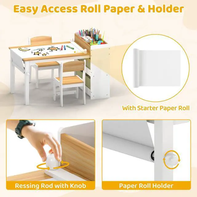 Alt view image 5 of 6 - Kids Art Table and Chair Set, Craft and Play Wood Activity Table with Storage Bins and Paper Roll, Toddler Desk for Playroom/Nursery/Home, Kids Table and Chairs Set for Drawing/Learning/Read