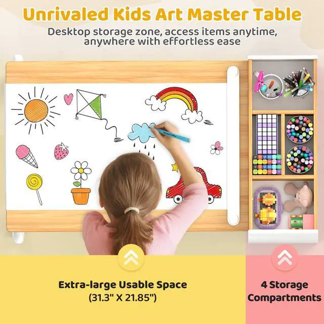 Alt view image 6 of 6 - Kids Art Table and Chair Set, Craft and Play Wood Activity Table with Storage Bins and Paper Roll, Toddler Desk for Playroom/Nursery/Home, Kids Table and Chairs Set for Drawing/Learning/Read