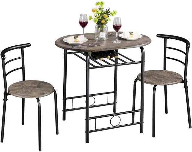 Main image of 3 Piece Dining Table Set, Kitchen Table & Chair Sets for 2, Compact Bistro Table Set with Steel Legs, Built-in Wine Rack for Small Space, Apartment, Breakfast Nook, Drift Brown