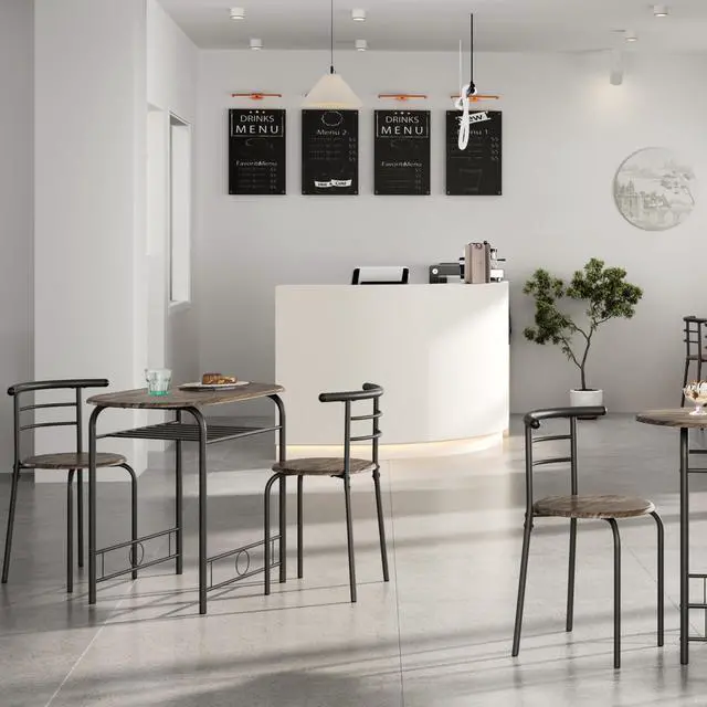Alt view image 2 of 6 - 3 Piece Dining Table Set, Kitchen Table & Chair Sets for 2, Compact Bistro Table Set with Steel Legs, Built-in Wine Rack for Small Space, Apartment, Breakfast Nook, Drift Brown