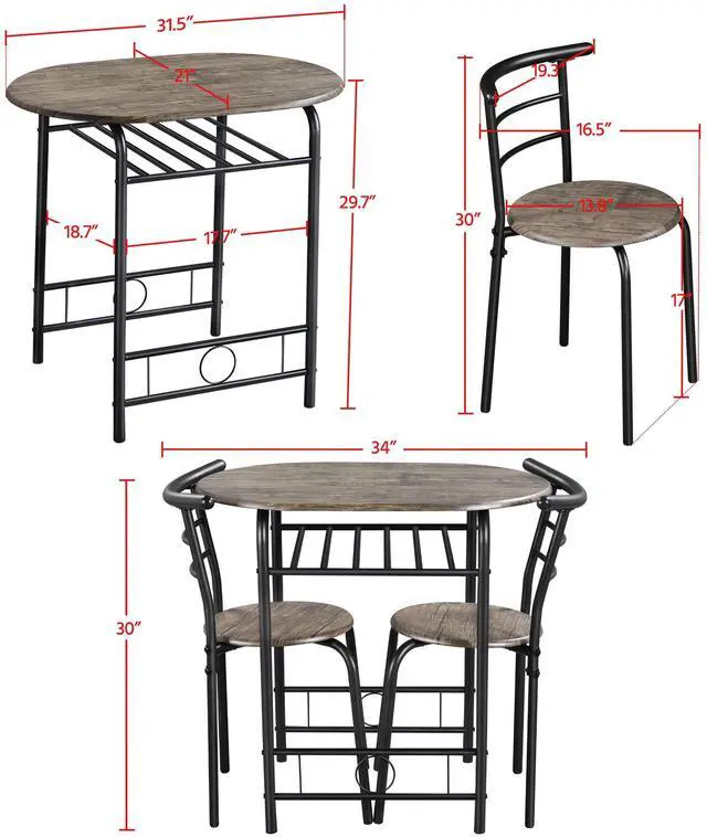 Alt view image 3 of 6 - 3 Piece Dining Table Set, Kitchen Table & Chair Sets for 2, Compact Bistro Table Set with Steel Legs, Built-in Wine Rack for Small Space, Apartment, Breakfast Nook, Drift Brown