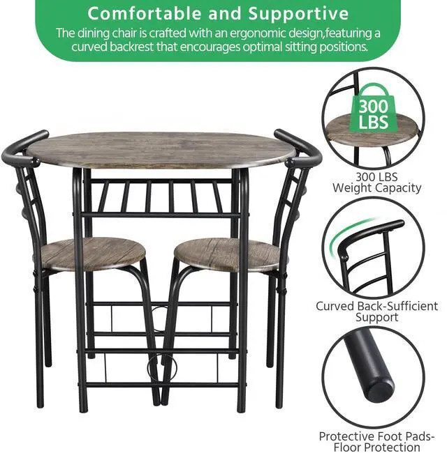 Alt view image 4 of 6 - 3 Piece Dining Table Set, Kitchen Table & Chair Sets for 2, Compact Bistro Table Set with Steel Legs, Built-in Wine Rack for Small Space, Apartment, Breakfast Nook, Drift Brown