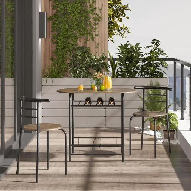 Alt view image 5 of 6 - 3 Piece Dining Table Set, Kitchen Table & Chair Sets for 2, Compact Bistro Table Set with Steel Legs, Built-in Wine Rack for Small Space, Apartment, Breakfast Nook, Drift Brown