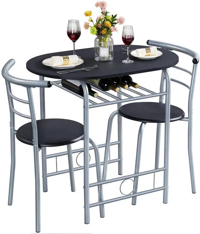 Main image of 3-Piece Dining Room Table Set, Kitchen Table & Chair Sets for 2, Compact Table Set w/Steel Legs, Built-in Wine Rack for Breakfast Nook, Small Space, Apartment, Black, 31.5x21x29" (LxWxH)