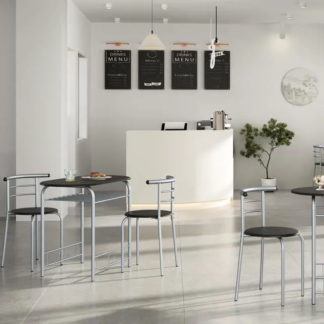 Alt view image 2 of 6 - 3-Piece Dining Room Table Set, Kitchen Table & Chair Sets for 2, Compact Table Set w/Steel Legs, Built-in Wine Rack for Breakfast Nook, Small Space, Apartment, Black, 31.5x21x29" (LxWxH)