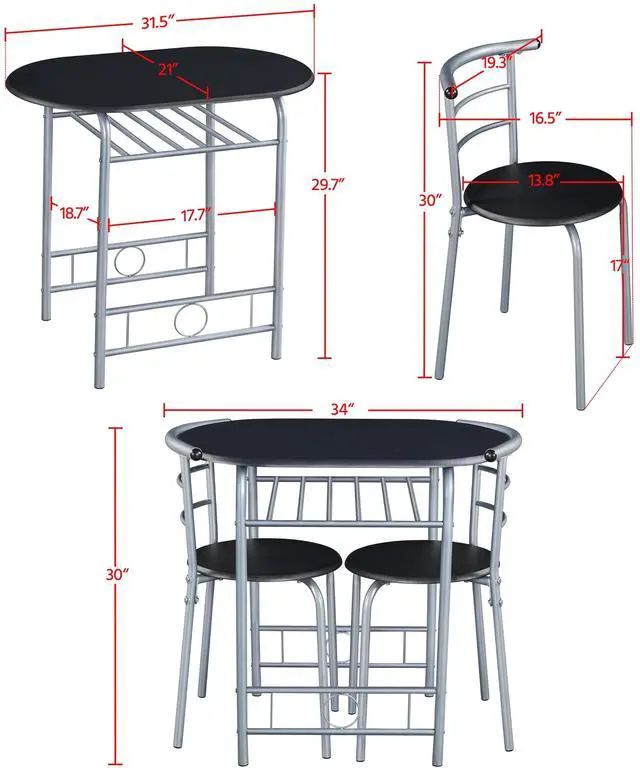 Alt view image 3 of 6 - 3-Piece Dining Room Table Set, Kitchen Table & Chair Sets for 2, Compact Table Set w/Steel Legs, Built-in Wine Rack for Breakfast Nook, Small Space, Apartment, Black, 31.5x21x29" (LxWxH)