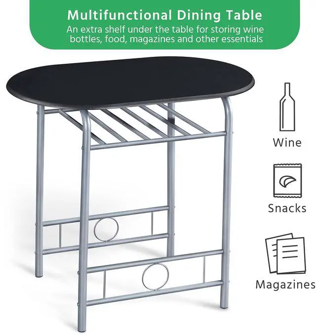 Alt view image 4 of 6 - 3-Piece Dining Room Table Set, Kitchen Table & Chair Sets for 2, Compact Table Set w/Steel Legs, Built-in Wine Rack for Breakfast Nook, Small Space, Apartment, Black, 31.5x21x29" (LxWxH)
