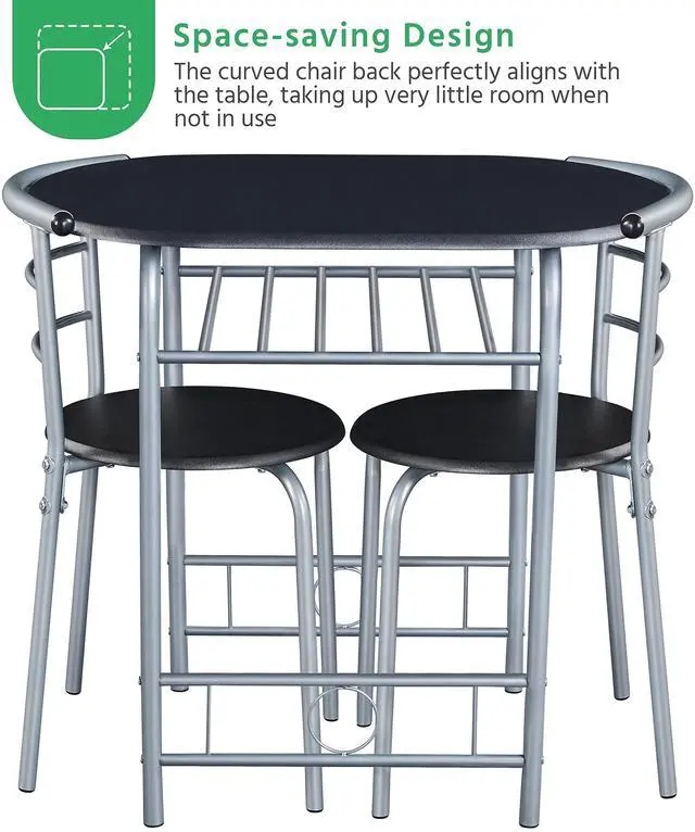 Alt view image 6 of 6 - 3-Piece Dining Room Table Set, Kitchen Table & Chair Sets for 2, Compact Table Set w/Steel Legs, Built-in Wine Rack for Breakfast Nook, Small Space, Apartment, Black, 31.5x21x29" (LxWxH)