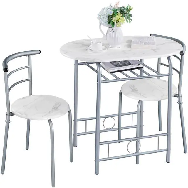 Main image of 3-Piece Dining Table Set, Breakfast Bistro Table Set for 2, Small Kitchen and Table Chairs Set of 2 with Metal Frame and Storage Rack for Small Space/Apartment/Dorm Room, White