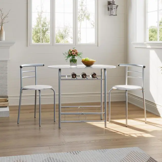 Alt view image 2 of 6 - 3-Piece Dining Table Set, Breakfast Bistro Table Set for 2, Small Kitchen and Table Chairs Set of 2 with Metal Frame and Storage Rack for Small Space/Apartment/Dorm Room, White
