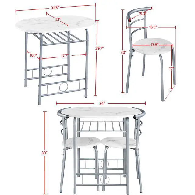 Alt view image 3 of 6 - 3-Piece Dining Table Set, Breakfast Bistro Table Set for 2, Small Kitchen and Table Chairs Set of 2 with Metal Frame and Storage Rack for Small Space/Apartment/Dorm Room, White