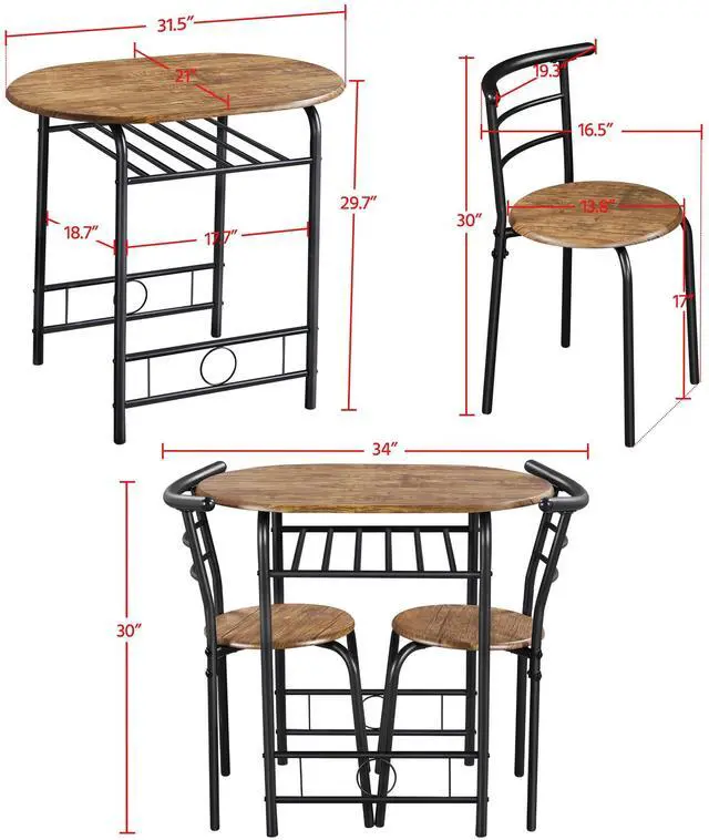 Alt view image 3 of 6 - 3-Piece Dining Table Set, Breakfast Bistro Table Set for 2, Small Kitchen and Table Chairs Set of 2 with Metal Frame and Storage Rack for Small Space/Apartment/Dorm Room, Brown