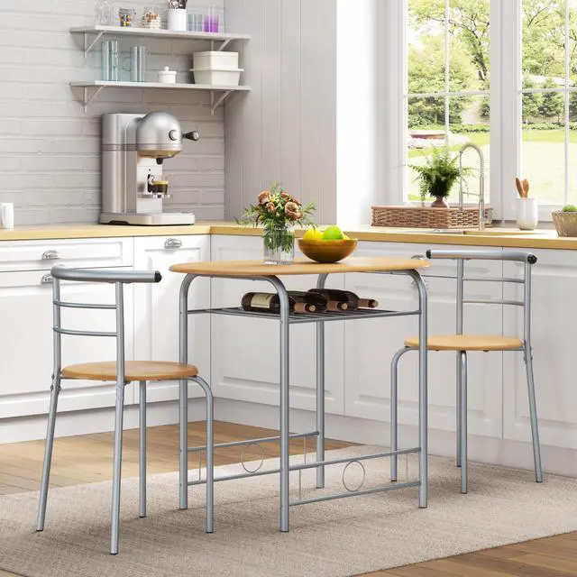 Alt view image 2 of 6 - 3 Piece Dining Table Set, Kitchen Table & Chair Sets for 2, Compact Bistro Table Set with Steel Legs, Built-in Wine Rack for Small Space, Apartment, Breakfast Nook, Natural