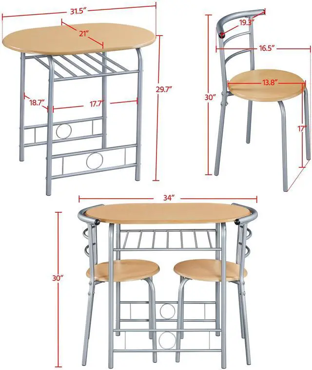 Alt view image 3 of 6 - 3 Piece Dining Table Set, Kitchen Table & Chair Sets for 2, Compact Bistro Table Set with Steel Legs, Built-in Wine Rack for Small Space, Apartment, Breakfast Nook, Natural