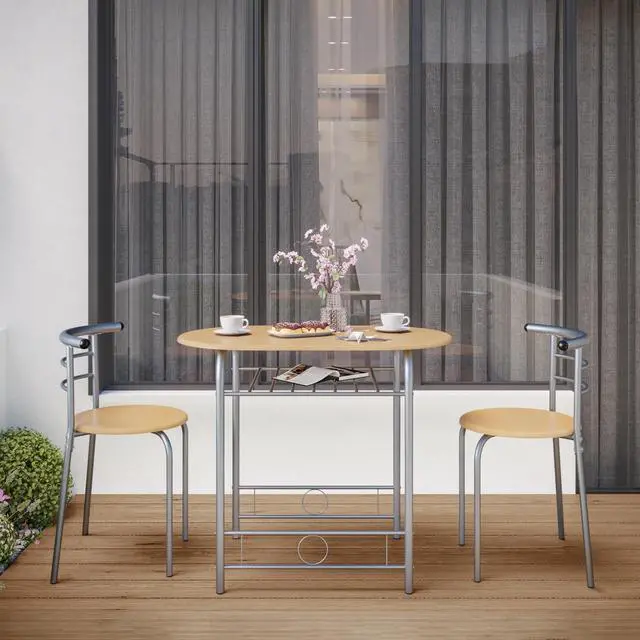 Alt view image 4 of 6 - 3 Piece Dining Table Set, Kitchen Table & Chair Sets for 2, Compact Bistro Table Set with Steel Legs, Built-in Wine Rack for Small Space, Apartment, Breakfast Nook, Natural